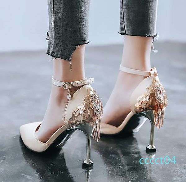 

luxury fashion women designer pumps gorgeous rhinestone tassels red satin ankle strap pumps bridal wedding shoes size 34 to 40, Black