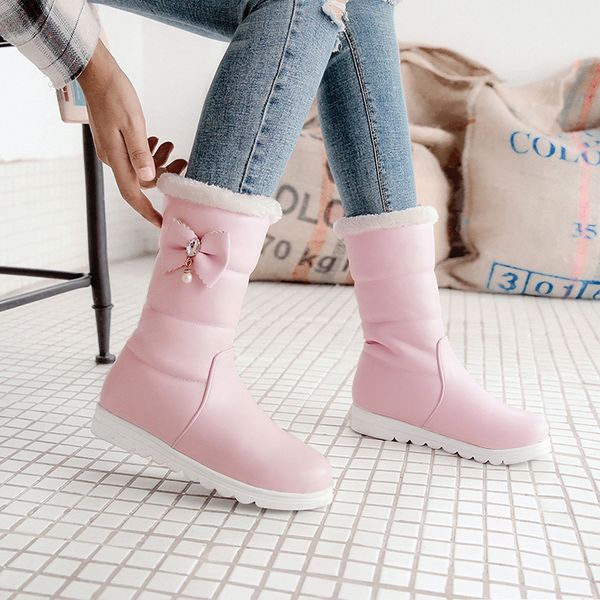 

japanese sweet style winter warm mid calf boots fashion beading bowknot waterproof increasing medium heel women's snow boots, Black