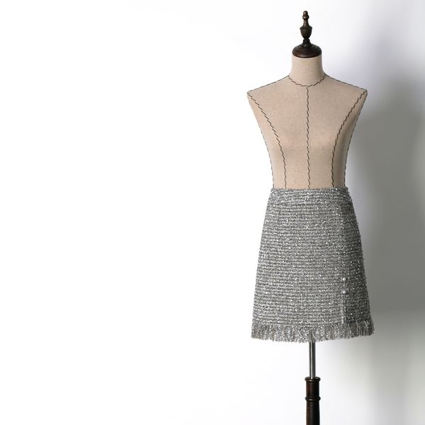 

new qz8813082 style fragrant silver tweed tassels pearl buttons slits hip and short skirts, Black