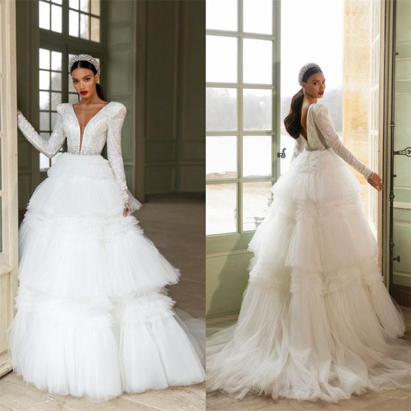 

glitter a line wedding dress v-neck long sleeve applique lace beaded sequins wedding gown sweep train backless tiered tulle bridal gowns, White