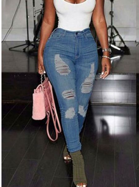 

spring 2018 high waist jeans woman 2018 bleached distressed trousers women jeans skinny elasticjean femme, Blue