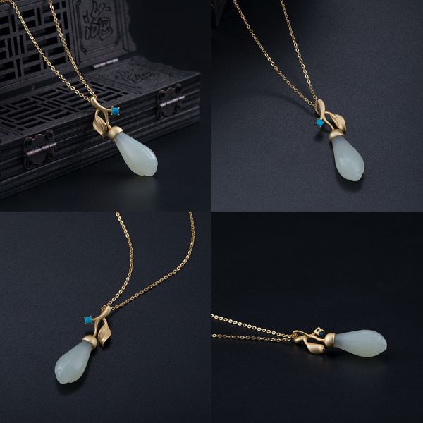 

925 s silver yulan spray green turquoise pendant girls national customs natural n jade antique necklace temperament clavicle chain, Golden