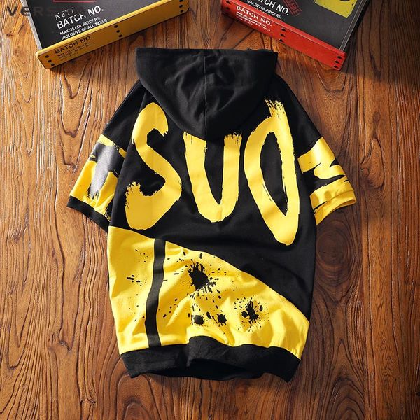 

versma 2018 summer high street hip hop graffiti printed hooded men women t-shirts korean harajuku oversize couple tee shirts, White;black