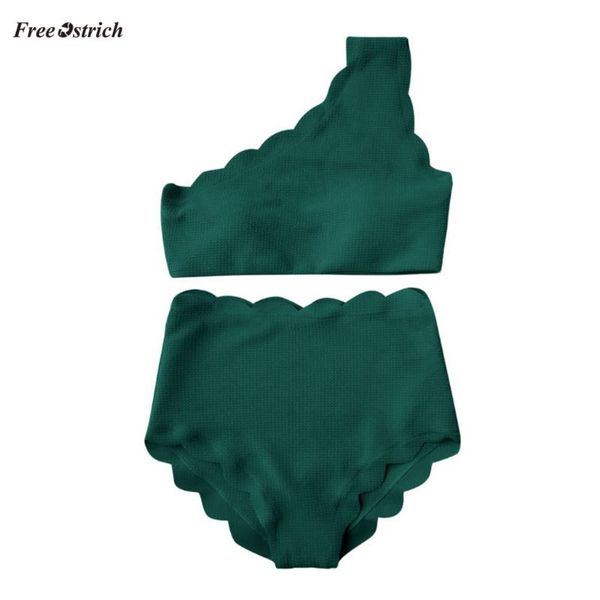 

ostrich clothes lingerie women lady vintage high waisted two pieces scalloped trim one shoulder biquini underwear summer, Red;black