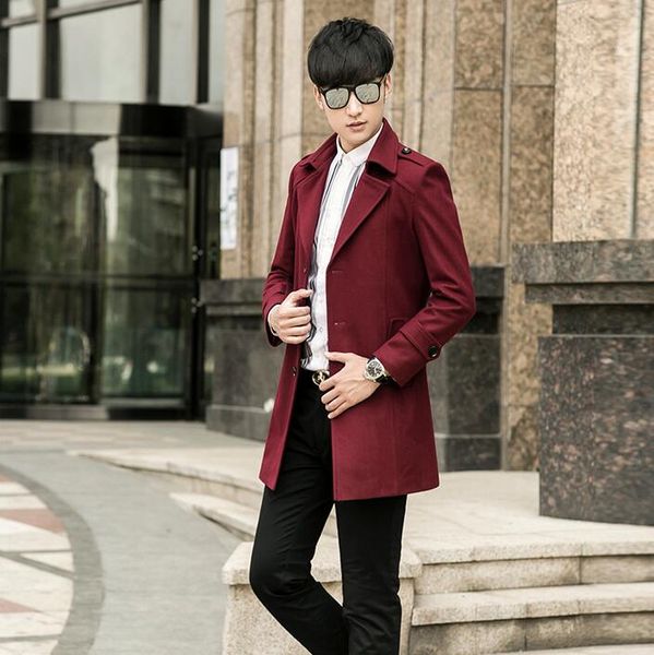 

men's woolen coat clothing teenage wool coat mens medium-long plus size casual single breasted coats wine red outerwear s - 9xl, Black