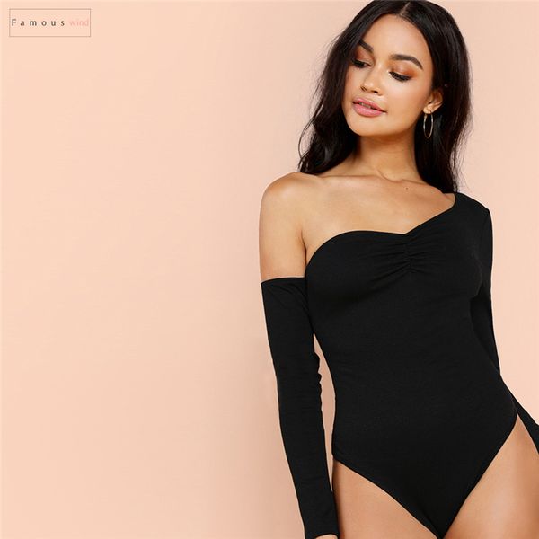 

black waist highstreet bodysuits one shoulder solid asymmetrical neck mid skinny solid bodysuit summer women casual, Black;white