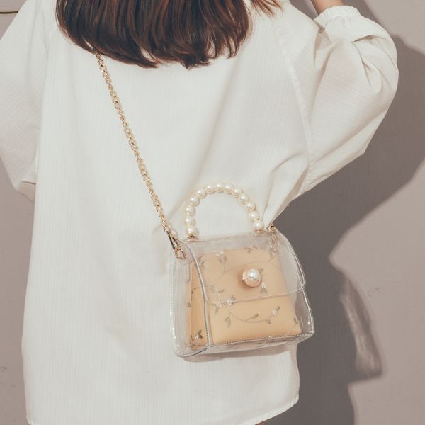 

transparent jelly bag pearl tote bag 2019 summer new quality pvc women's designer handbag chain shoulder messenger purses
