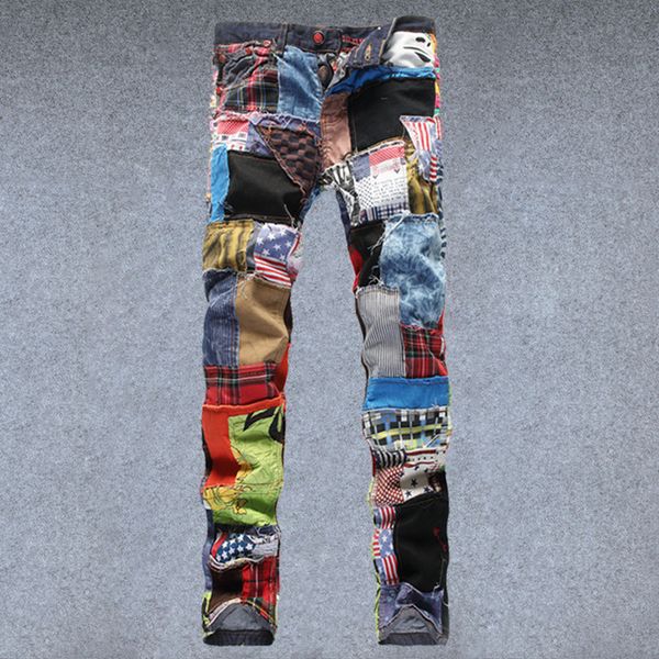 

2019 new patchwork jeans men's fashion colorful cloth denim trouser straight male pants plus size 38, Blue