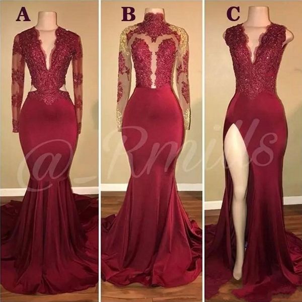 

prom dresses deep v neck mermaid dark red split party dress lace appliques crystal beads long sleeves plus size custom evening gowns, Black