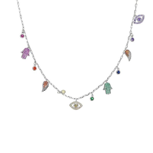 

41+5cm gold color turkey blue eye hamsa hands wing fatima palm necklac for women jewelry wholesale good luck chain necklace, Silver
