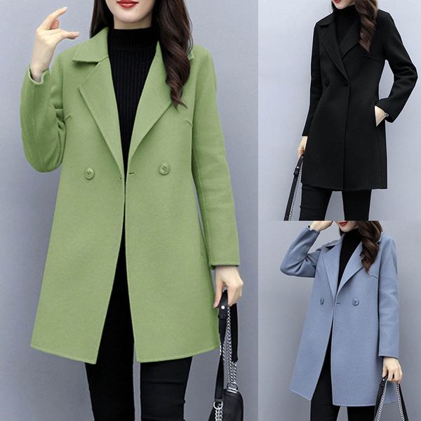 

autumn women jackets open front coat straight women work solid vintage winter office long sleeve button woolen jacket coat, Black