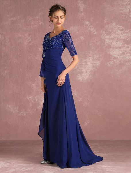 Marineblau 1-2-Ärmel Kleider für die Brautmutter 2022 V-Ausschnitt Vintage-Spitze bodenlang formeller Abend Partykleidung247 Jahre