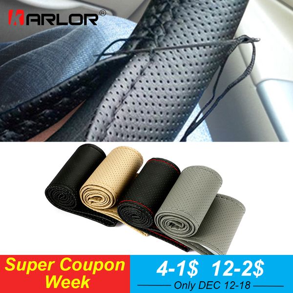 

braid on steering wheel car steering wheel cover with needles and thread artificial leather diameter 38cm auto car accessories