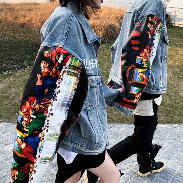 

2019spring autumn jeans jacket womenclassical oil painting print silhouette denim jacket men and women loose denim, Black;brown