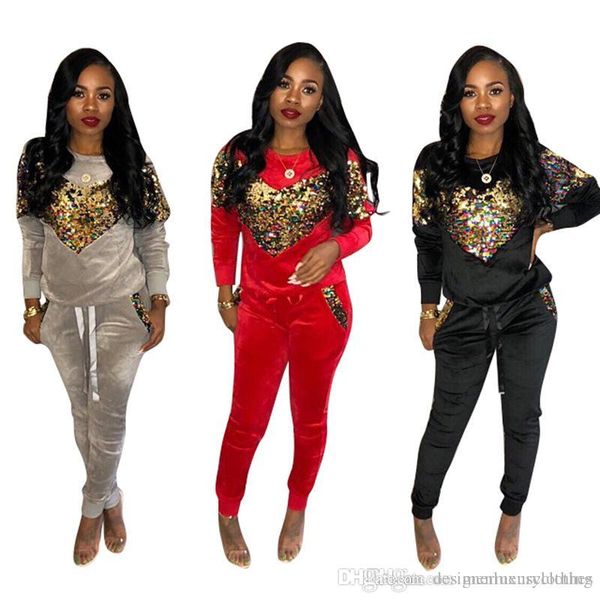 

winter women velvet sequined designer tracksuits 2pcs hoodies long pants clothing sets, White
