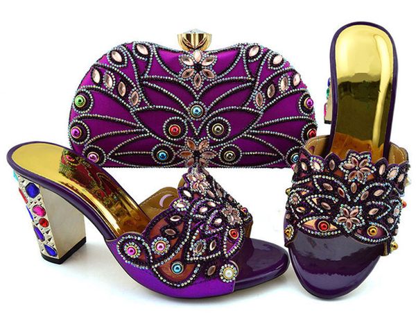 

Nice looking purple women high heel shoes with big crystal and beads for dress african pumps match handbag set GFN1902,heel 9CM