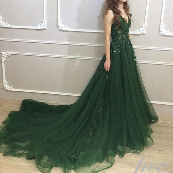 

dark green a line backless prom dresses v neck appliqued beaded formal dress sweep train tulle plus size sequined evening gowns, Black