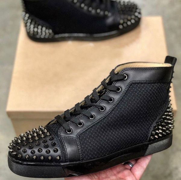 

new shoes[original box]spikes sneakers shoes mesh leather red bottom sneakers lace up casual walking shoes party wedding dress, Black