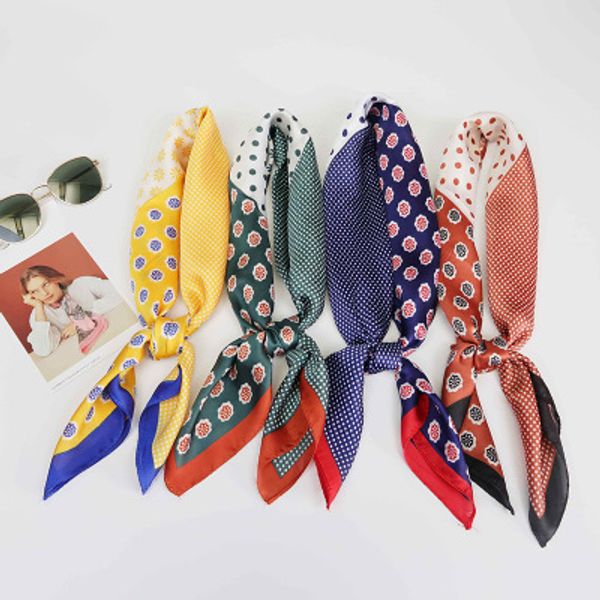 

осень 2019 корейской печати длина среднего шелка маленький квадратный шарф имитация шелка аксессуары для волос теплый шарф женский, Blue;gray