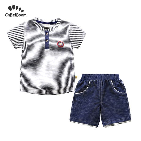 

new 2019 summer kids clothes boy set children set casual strip t shirts + short pants cotton dress baby boys clothing sets 1-5 y, White