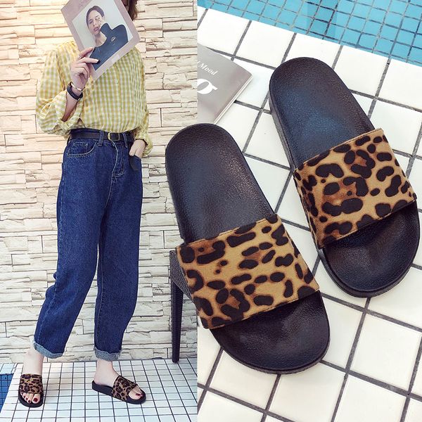 

leopard women shoes summer thick bottom bathroom slippers wedge sand beach flip-flops ladies multicolor high-heeled slippers, Black
