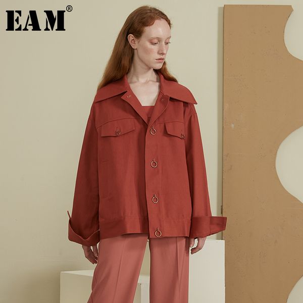 

eam] loose fit metal circle denim big size jacket new lapel long sleeve women coat fashion tide autumn winter 2019 1a0690, Black;brown