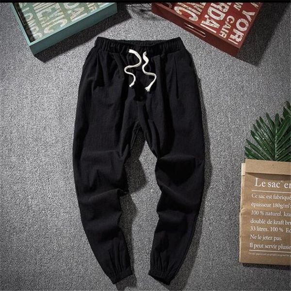 

men cotton linen harem trousers 2020 summer solid high drawstring waist ankle-length pants large size m-6xl 7xl, Black