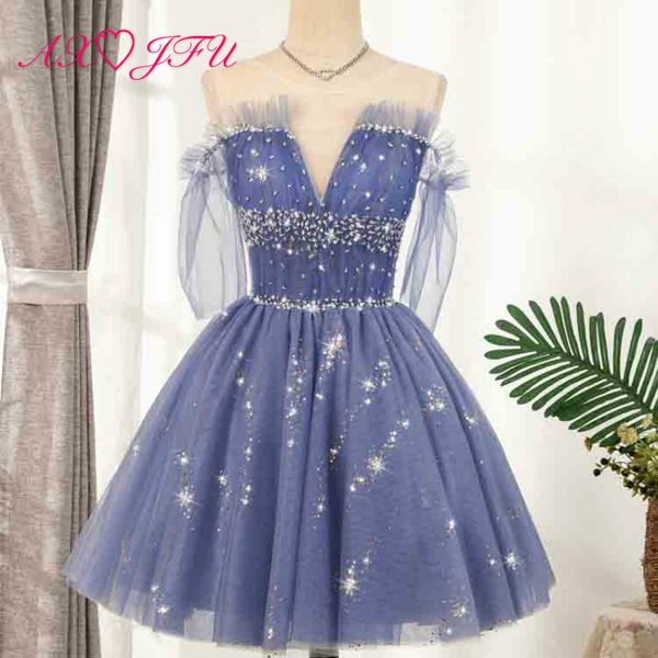 

axjfu luxury princess blue lace evening dress host illusion beading crystal lace up o neck ruffles party short evening dress, White;black