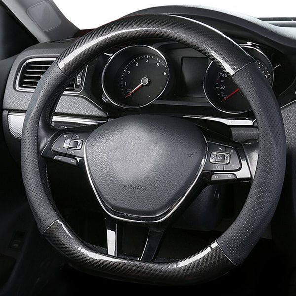 

carbon fiber steering wheel cover handle round leather soft breathable for auto car truck suv black