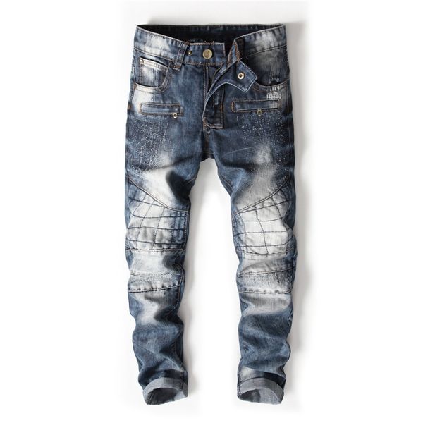

mens designer motorcycle slim straight stitching jeans trousers, Blue