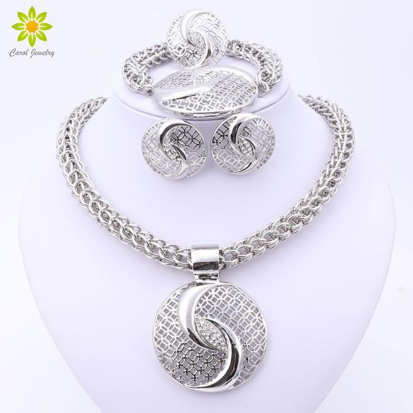 

2017 latest luxury big dubai silver plated crystal necklace jewelry sets fashion nigerian wedding african beads costume jewelry j190704