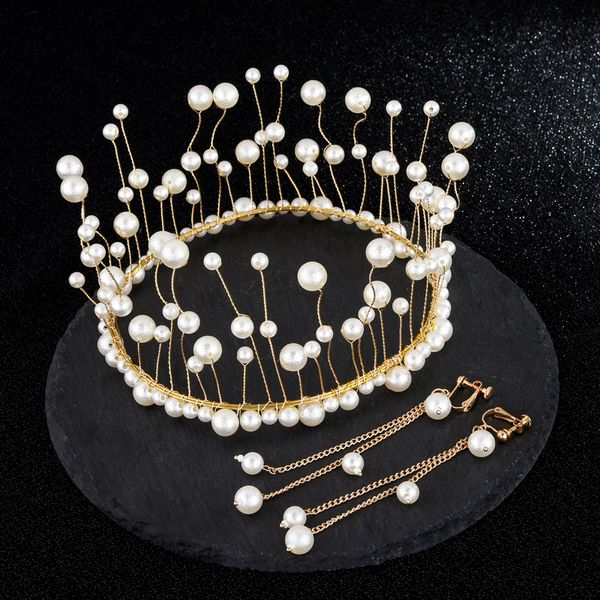 

handmade white/red imitation pearl hair royal crown bridal tiara with color hanging chain earrings for wedding accessoire femme, Golden;white
