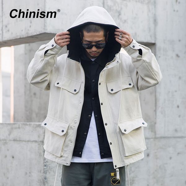

chinism multi pockets letter printed hooded jacket male loose streetwear hook&loop cuff outwear jackets back pockets outfits, Tan;black