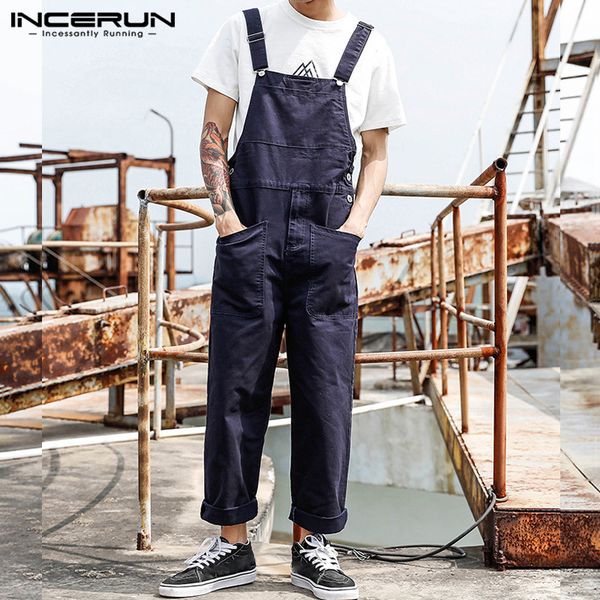 

incerun fashion men bib pants jumpsuits joggers solid zipper 2020 multi pockets suspender casual cargo overalls streetwear s-5xl, Black