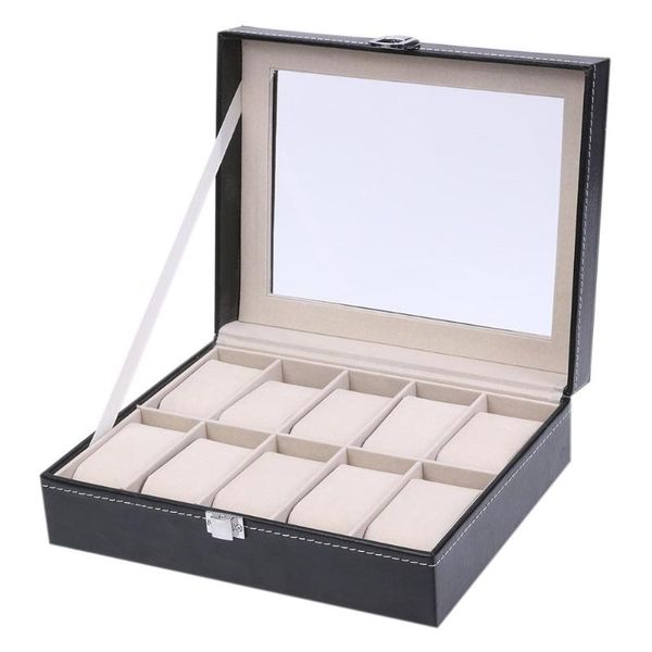 

2019 fashion 10 grids pu leather watch boxes storage organizer box luxury jewelry ring display watch case black display case box, Black;blue