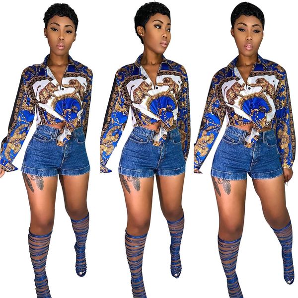 

2019 золото печать синяя женская рубашка блузка с длинными рукавами кнопки Laepel шеи