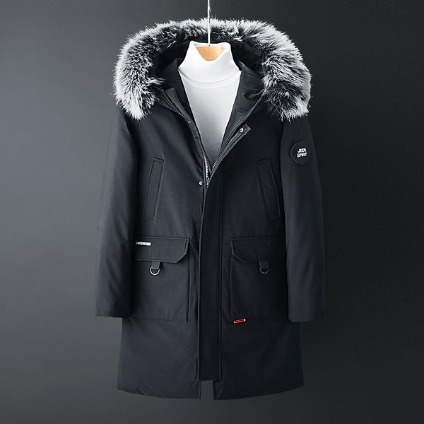 

design thick warm winter leisure cotton-padded brand down jacket men hat detachable fur collar white duck down parkas 4xl, Black