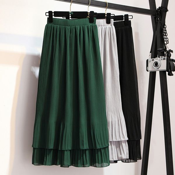 

women chiffon pleated skirt vintage high waist skirts womens saia long rokken 2018 summer style jupe femme ruffles skirt, Black
