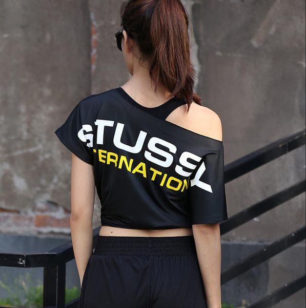 

summer loose off-shoulder letter printed women short sleeve sports gym fitness running quick dry yoga t shirt, Black;blue