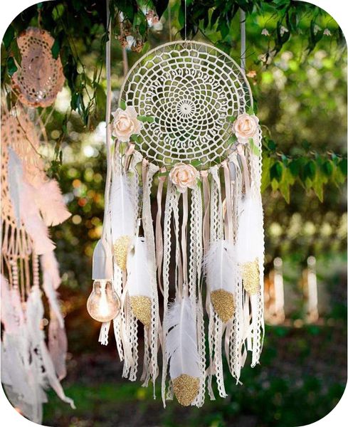 

boho dream catchers handmade white gold feather dreamcatchers with flowers for wall hanging decoration, wedding decoration craft (7.8"x