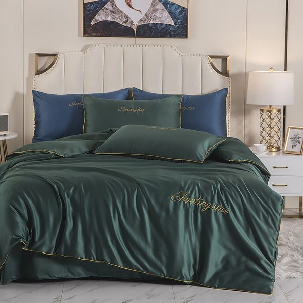 

bedding sets fashion embroidery pure satin silk set bed sheet duvet cover pillowcase flat king  size