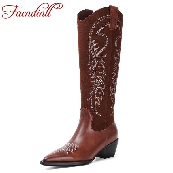 

facndinll genuine leather shoes woman knee high boots new fashion autumn winter warm square heels women riding boots black brown