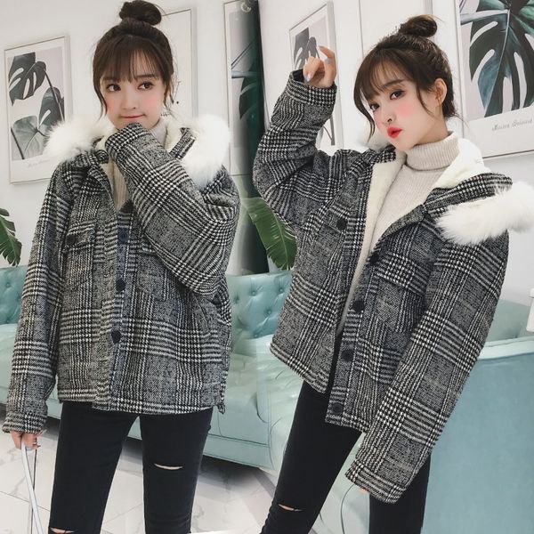 

lattice winter jacket women thick warm hooded coat 2019 new slim short clothing long sleeve coat female autumn outerwear, Black