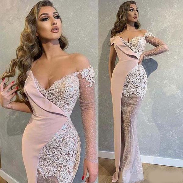 

dubai arabic prom dresses off shoulder long sleeves appliques lace mermaid evening dress one shoulder party gowns vestidos, Black