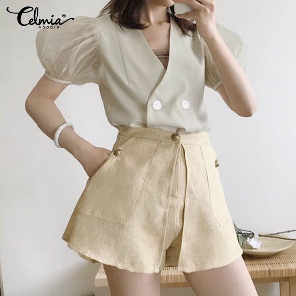 

celmia 2020 summer tunic women mesh lantern sleeve fashion blouses v neck shirts loose buttons elegant casual blusa, White
