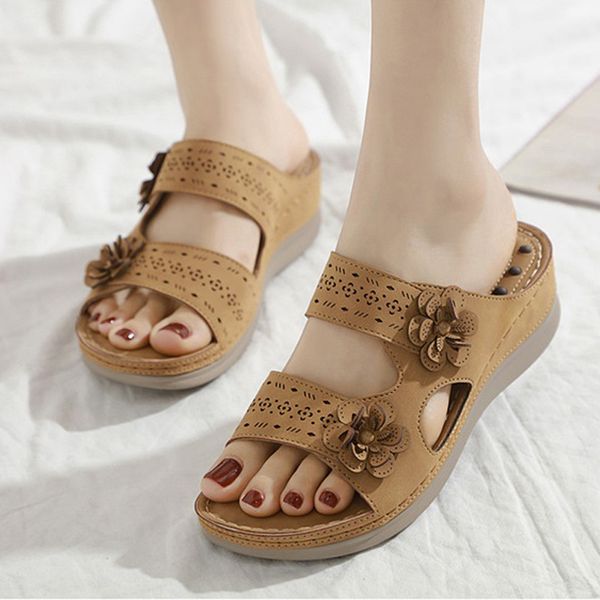 

flower non-slip women's sandals 2020 summer large size wedge lightweight retro ladies comfortable sandals beach home female shoe, Black