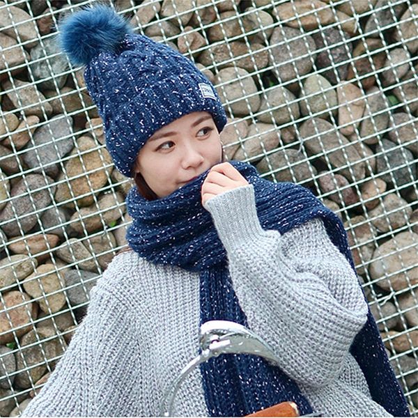 

fashion gift warm winter women caps & scarfs elegant scarf hat set women knit pom poms beanie cap scarf sets long ladies scarves, Blue;gray