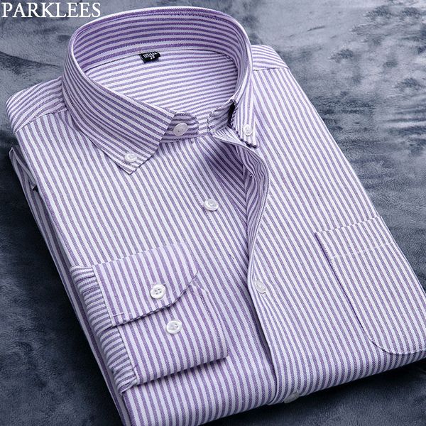 

purple oxford cotton striped shirt men soft long sleeve button down dress shirts non iron business casual work camisas masculina, White;black