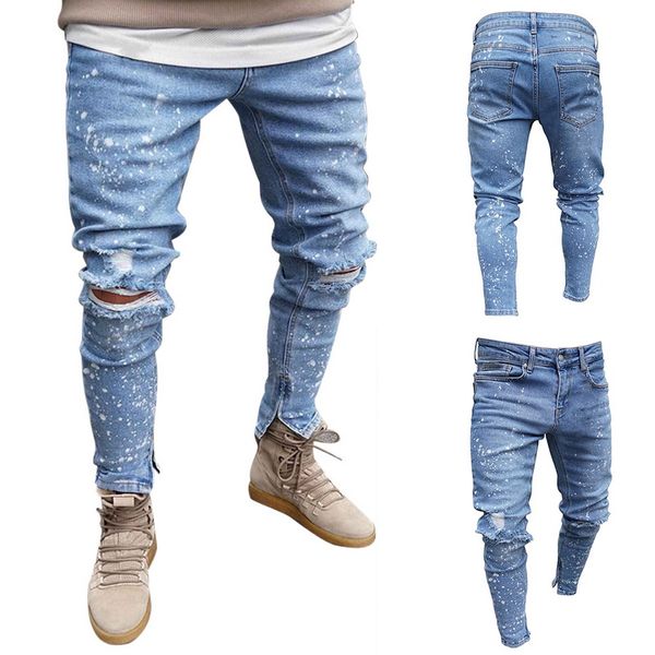 

calofe mens biker demin jeans stretch destroyed ripped pants printed fashion design soft skinny hole jeans for male bottoms, Blue