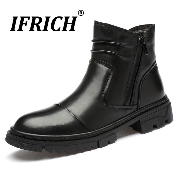 

winter with fur men boots genuine leather mens snow boots comfortable ankle men fashion zipper for man, Black